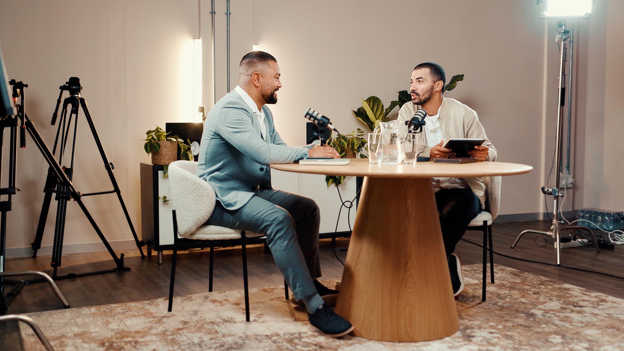 A long-form interview being recorded in a living room